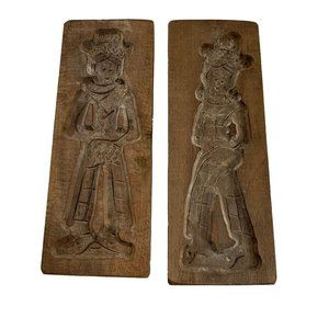 Pair Vintage Dutch Hand Carved Wooden Speculaas Springerle Cookie Molds Boards